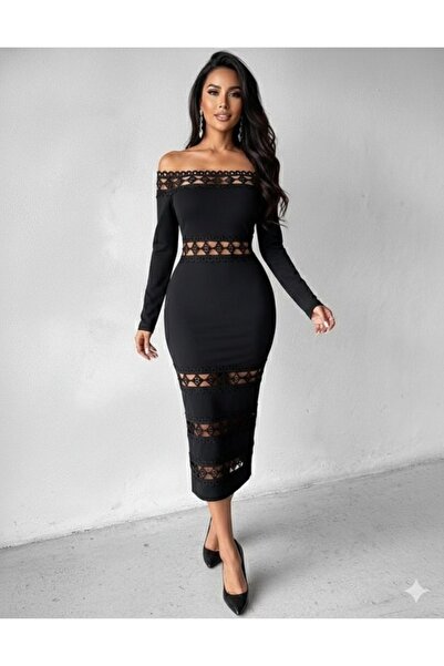 oniks store Women's Long Sleeve Madonna Lace Neckline Slit Midi Diver Dress