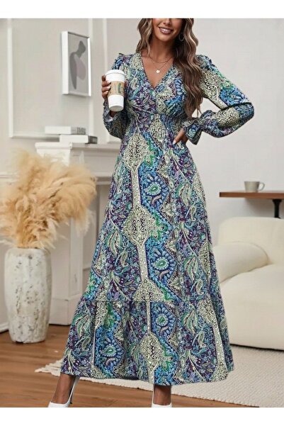 Bijuterria فستان ماكسي نسائي من EQURİ بأكمام طويلة وياقة منقوشة K بأزرار على ...