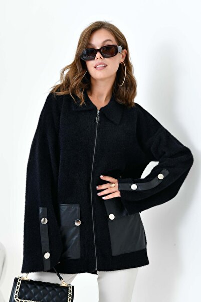 FTZ WOMEN Kadın Deri Ve Düğme Detaylı Ceket Siyah 20758