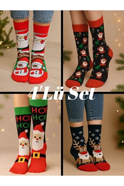 VerdeHome 4 Çift Uzun Kışlık Yılbaşı Temalı Noel Baba Christmas Desenli Yılba...