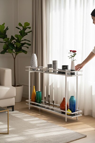 TOLIAHOME Beyaz Renk 2 Katlı Füme Temper Camlı Çerçeveli Konsol Dresuar