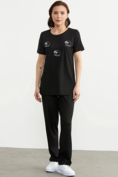 Sementa Black Palm Embroidered Draped Combed Cotton Set