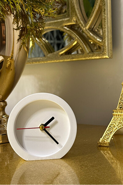 silmogen Dekoratif Masa Saati - Yuvarlak Model - Taş Döküm - Beyaz Renk - Siy...