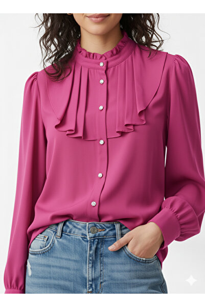 ribana Women's Model Comfortable Cut Buttoned Long Sleeve Shirt