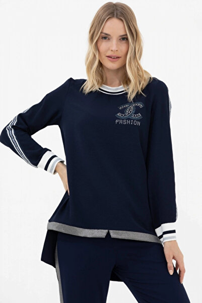 Sementa طقم كريب نسائي بتفاصيل شريطية واسعة - أزرق داكن