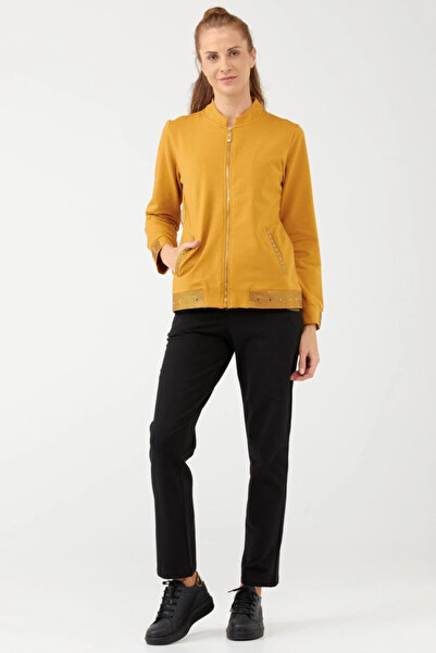 Sementa Kadın Taşlı Sıfır Yaka Fermuarlı Eşofman Takım - Hardal - Siyah