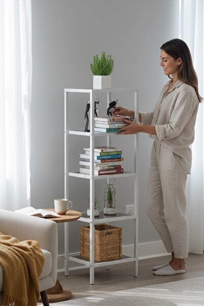 TOLIAHOME Modern 5 Katlı Beyaz Renk Metal İskeletli Cam Raflı Kitaplık Aksesu...