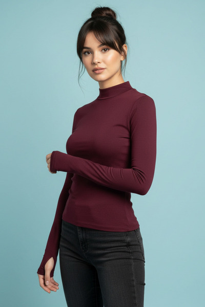 Lunmer Kadın Bordo Modal Pamuk Boğazlı Yaka Parmak Geçmeli Body