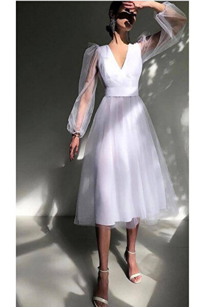 rengamoda Rochie de nuntă pentru absolvire, albă, căptușită din tul