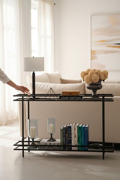 TOLIAHOME Siyah Renk 2 Katlı Şeffaf Temper Camlı Çerçeveli Konsol Dresuar