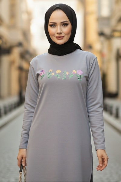 Bestenur Çiçek Desen Tesettür Tunik 1425 - Gri