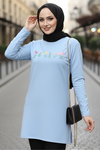 Bestenur Çiçek Desen Tesettür Tunik 1425 - Bebe Mavi