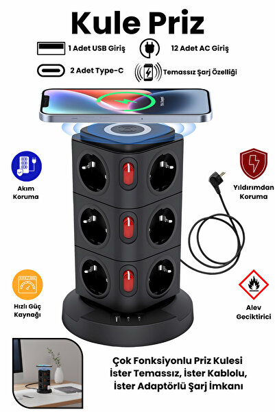 Yussraw Yeni Akım Korumalı 2.4a Kule Priz Kablosuz Şarj Istasyonu 12x Soketli 2×type-c 1x Usb çıkışı