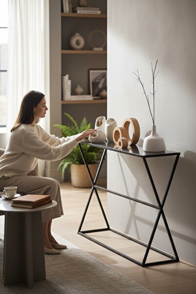 TOLIAHOME Siyah Renk Füme Temper Camlı Dresuar Metal Konsol