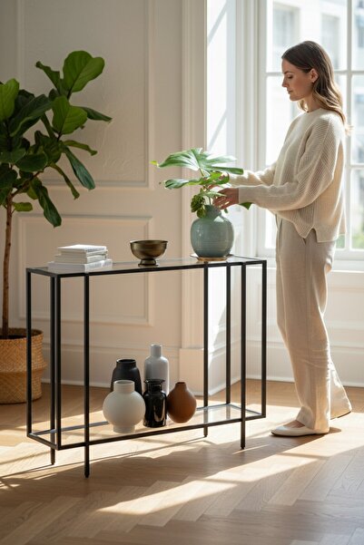 TOLIAHOME 2 Katlı Siyah Renk Şeffaf Temper Camlı Dresuar Metal Konsol