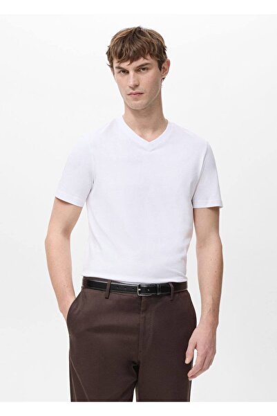 MANGO Man %100 pamuklu dar kesim V yaka tişört