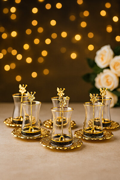 AENLINE HOME 24 Parça Lüks Gold Cam Çay Takımı - Çerezlik - | Dekoratif Tabak...