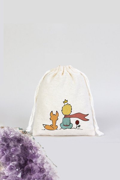 aprendi dünyanı ve kendini koru,ham bez kullan Doğal Bez Kese 10x15 cm (3 Adet) – Küçük Prens Desenli | Takı, Hediye Kesesi