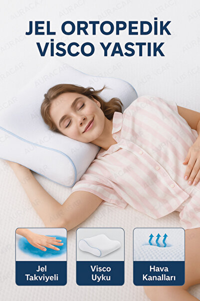 Auracar Çift Boyun Destekli Ortopedik Visco Jel Yastık Terletmeyen Soğutucu J...