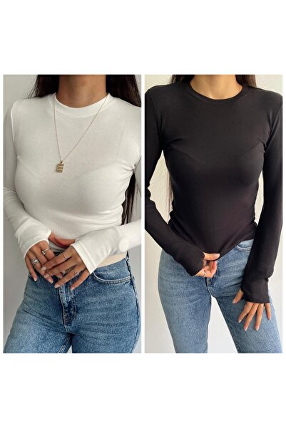 rozara fashıon Kadın Parmak Detaylı Body 2'li Set - Siyah Beyaz