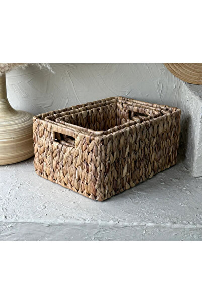 ALLEGRI Dikdörtgen 3 Boy El Yapımı Örme Kulplu Derin Hasır Sepet Seti Çok Amaçlı Organizer