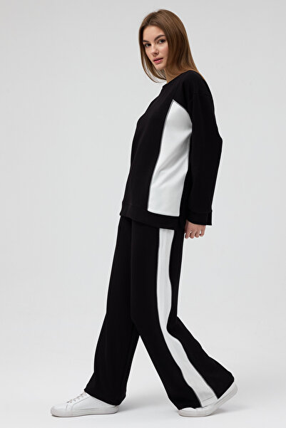 zitex Gümüş Biye Detaylı Siyah-Beyaz Renk Bloklu Modal Kumaş Eşofman Takımı