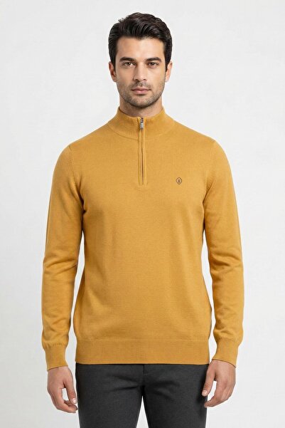 Sabri Özel Hardal Regular Fit Fermuarlı Yarım Balıkçı Yaka Kazak