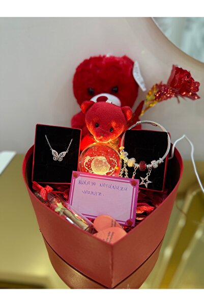 SUMMER GIFT Sevgiliye Özel Kalpli Kutu- 2 Adet Ayıcık - Kararmaz - Çelik Koly...