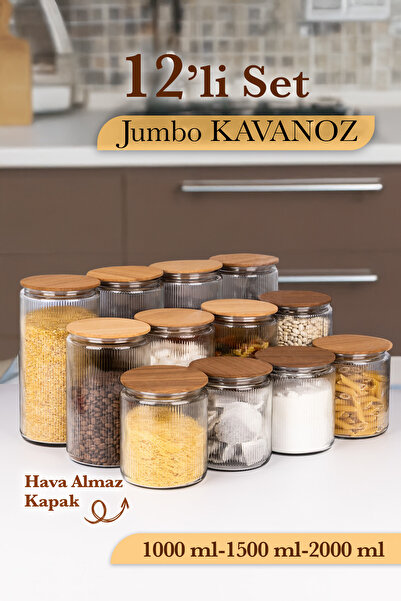 naturelove 12'li Etiketli Cam Kavanoz Seti Bambu Vakum Kapak Çizgili Erzak Un Bakliyat Saklama Kabı 1-1,5-2 Lt