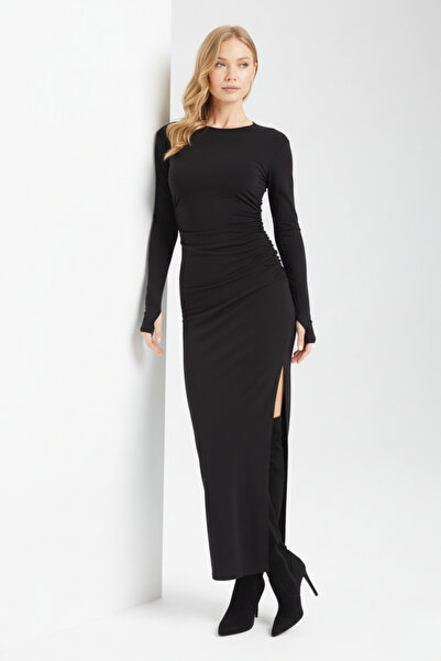 By Yaren Yazıcı Kadın Siyah Yırtmaçlı Drapeli Kendinden Eldivenli Uzun Elbise Gündüz & Gece & Ofis Şıklığı