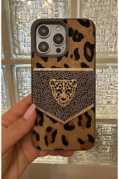 Aksesuar Kasabası İphone 17 Uyumlu Leopar Desenli Taşlı Premium Telefon Kılıfı