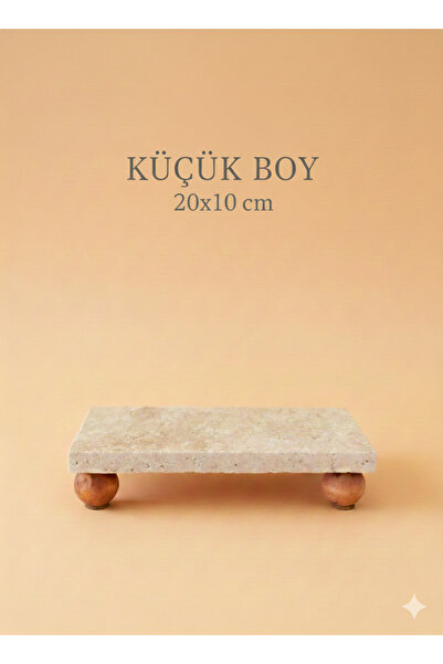 MUGU Traverten mermer yağlık altı sunum standı ahşap misket ayaklı (20x10cm)