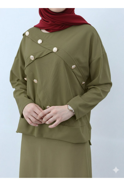 ribana Women's Woven Fabric Button Detailed Long Skirt Hijab Set