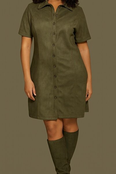YUSERH Haki renk Gömlek Yaka Kısa Süet Dokuma Büyük Beden Elbise