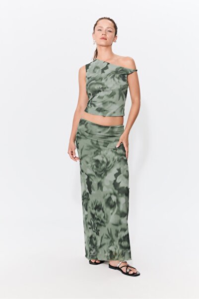 Stradivarius Desenli tül, asimetrik tişört