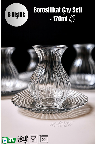 Maloria Çizgili Borosilikat Çay Bardak Seti | 12 Parça - 200ml