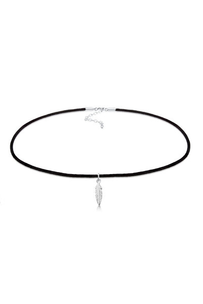 ELLI Necklace Halskette Choker Feder Anhänger Satin Band Black 925 Sterling S...