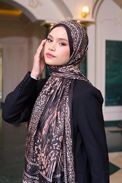 İpekhan Şal din voile cu model Bitter Brown Cream Voile Silk Şal - 9802-08