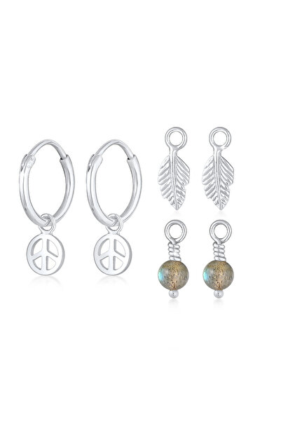ELLI Ohrringe Damen Creolen Anhänger Feder Peace Boho aus 925er Sterlingsilber