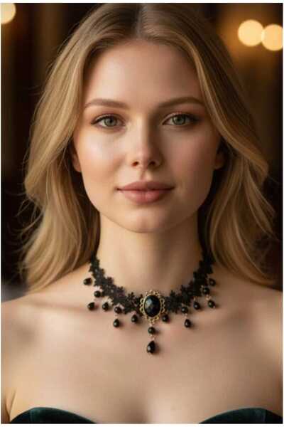 modares Vintage Siyah Dantel Gotik Kolye - Dantel Choker Kolye Ayarlanabilir ...