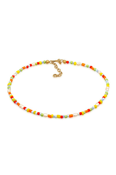ELLI Fußkettchen für Damen mit bunten Glasperlen und Süßwasser-Zuchtperlen in...