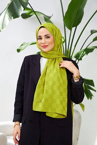 İpekhan Yeni Dama Desen İpeksi Jakar Şal Yağ Yeşili 9007-15