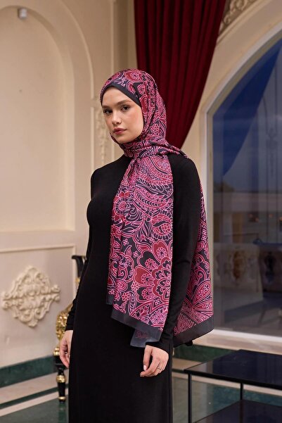 İpekhan Şal de mătase Voile cu model negru fucsia - 9803-08