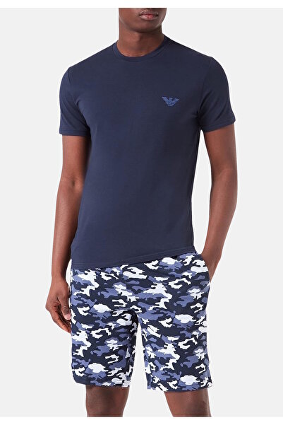 Emporio Armani Pyjama-Schlafanzug mit Bermudashorts, Tarnmuster und Rundhalsshirt mit Markenlogo aus Jersey