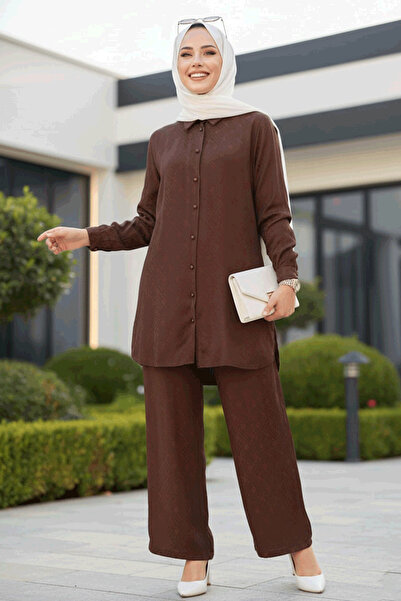 Neva Style Brown Patterned Hijab Double Set - 12502KH