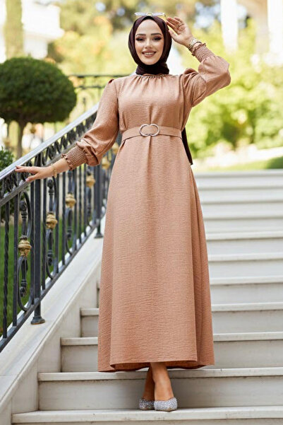 Neva Style Rochie Hijab Camel cu centură 661C