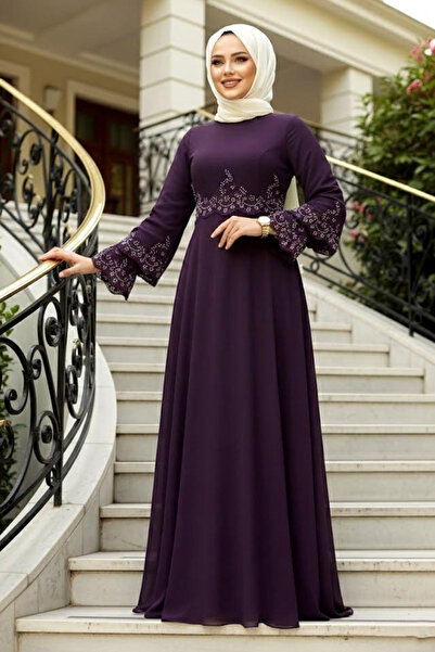 Neva Style Boncuk İşlemeli Mor Tesettür Abiye Elbise 9181MOR