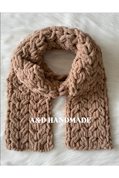A&D HANDMADE Hand Knitted Puffy Plush Milk Coffee Scarf 200 cm