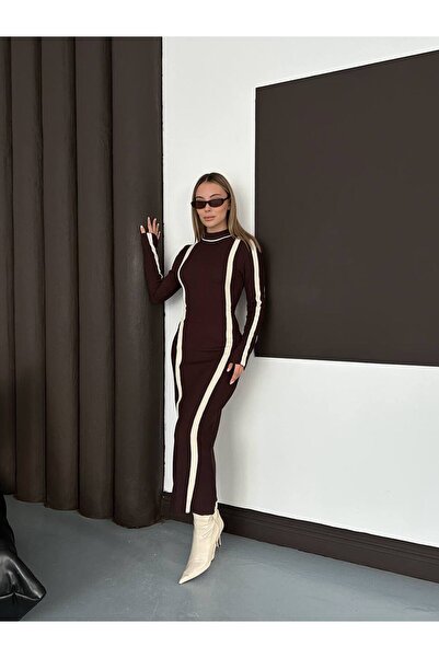 ZF BUTİK Contrast Striped Detail Corded Fabric Long Dress