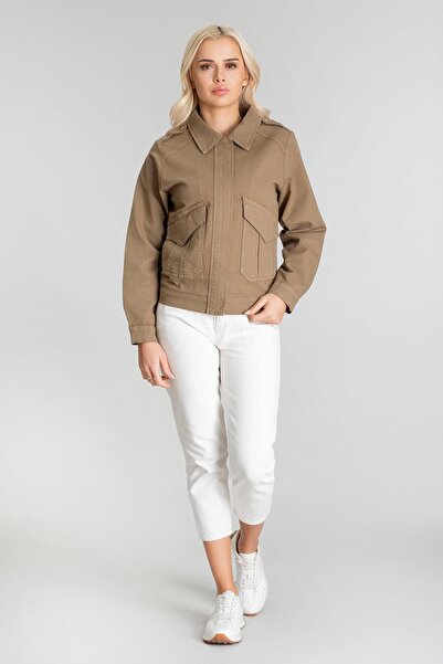 Bold & Young Jachetă din bumbac material elastic pentru femei, cu buzunar cu fermoar, kaki